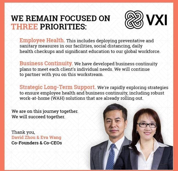Graphic depicting VXI's three priorities during COVID-19: 'Employee Health,' 'Business Continuity,' and 'Strategic Long-Term Support.