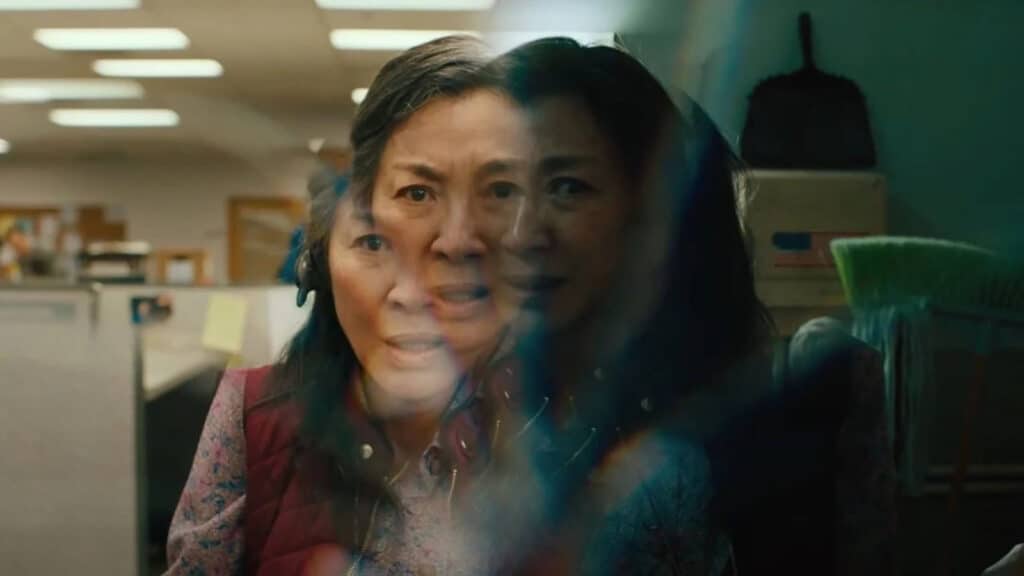 Screenshot of Michelle Yeoh in a dynamic scene from the movie 'Everything Everywhere All at Once.