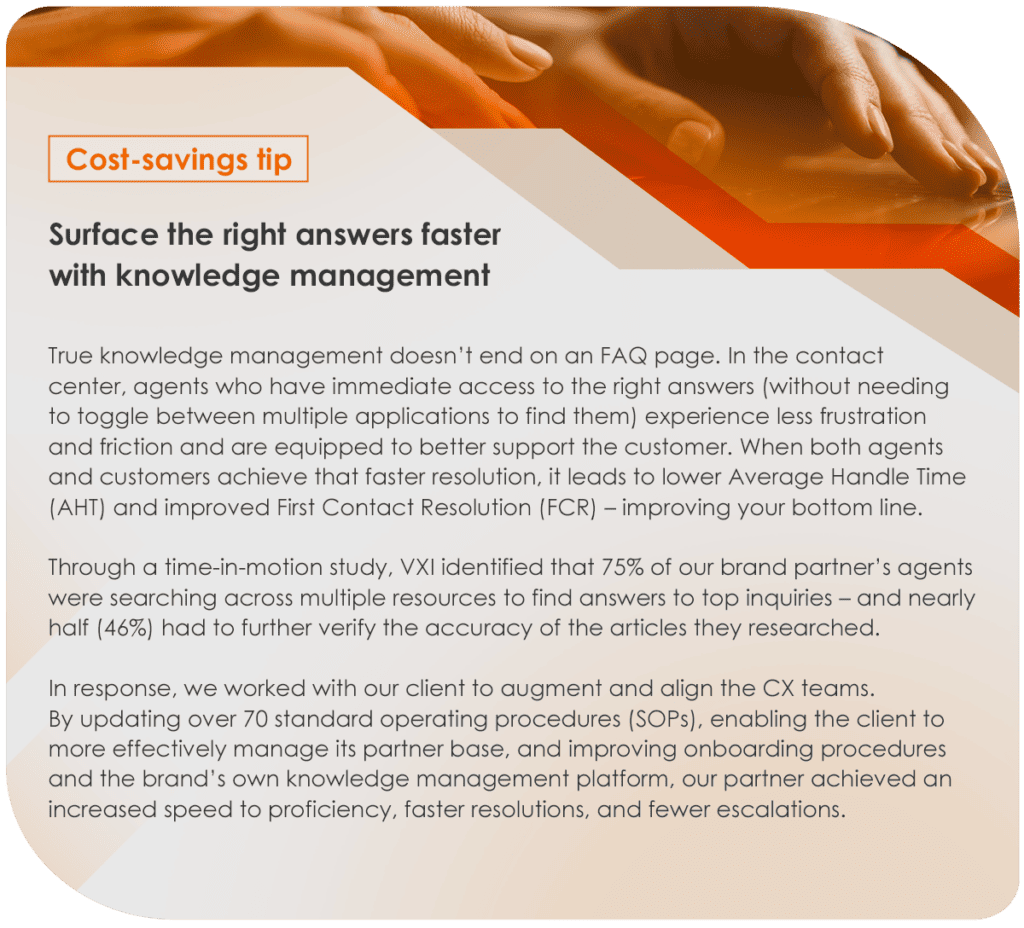 Info card highlighting a cost-savings tip: 'Surface the right answers faster with knowledge management.