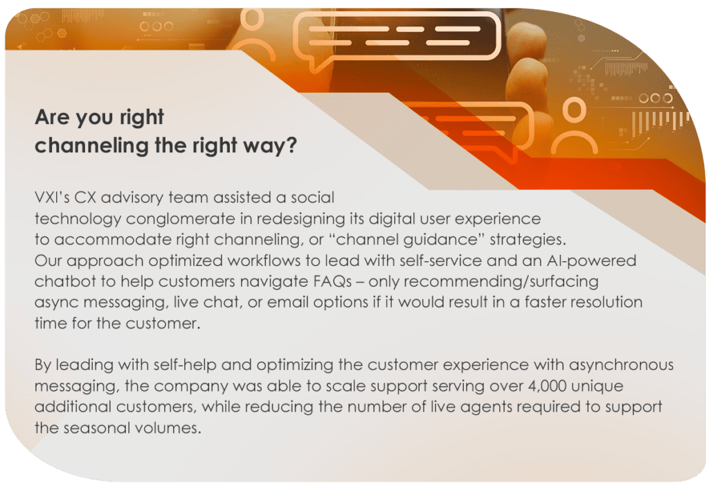 Info card titled 'Are You Right Channeling the Right Way?' featuring a VXI channel guidance case study.