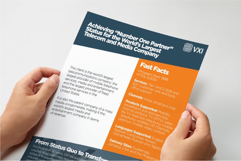 Hands holding a case study titled 'Achieving #Number One Partner Status for the World's Largest Telecom and Media Company', with the VXI logo.