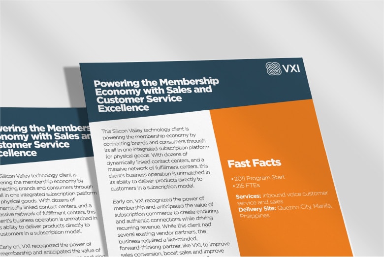 VXI casestudy cover titled 'Powering the Membership Economy with Sales and Customer Service Excellence'