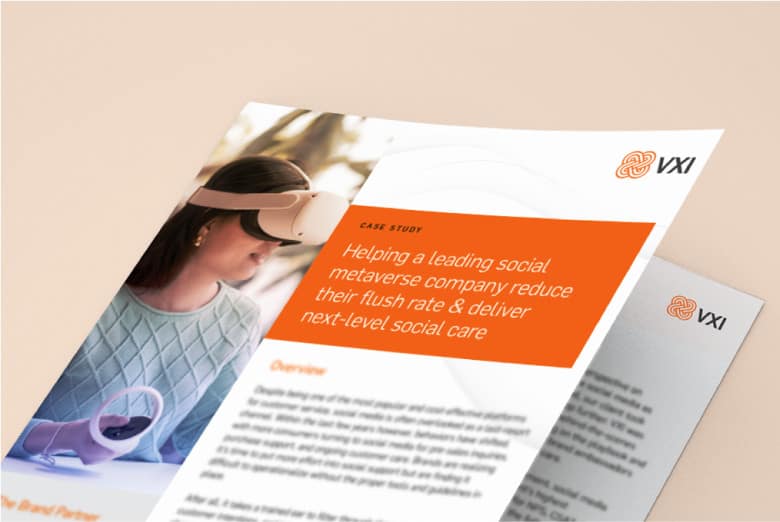 A printed case study from VXI titled 'Helping a leading social metaverse company reduce their flush rate & deliver next-level social care'.