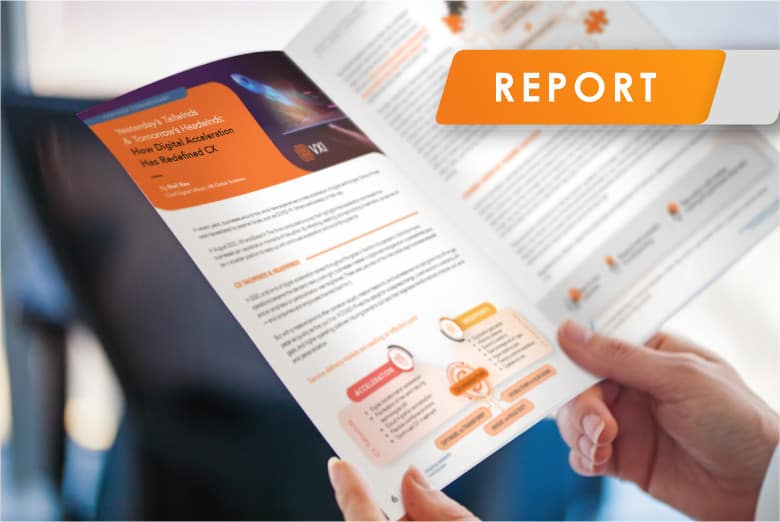 Hands holding an open report titled 'CX Leaders Trends & Insights 2023 Consumer Edition', signifying up-to-date market research.