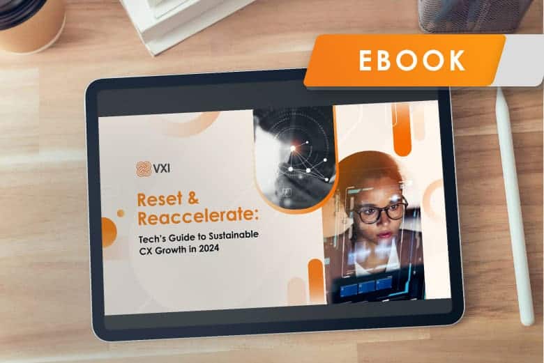 Cover of VXI eBook 'Reset & Reaccelerate: Tech’s Guide to Sustainable CX Growth in 2024' with digital interface images.